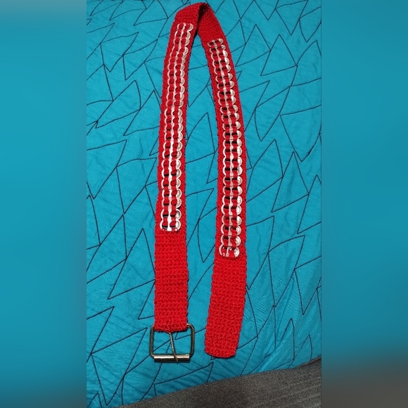 Handmade Upcycled Pull-Tab Soda Belt Red measures approx 40" single layer tabs - Picture 4 of 13